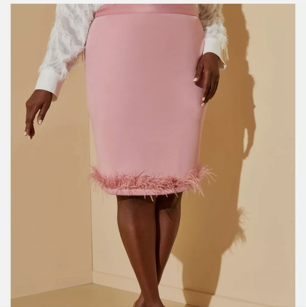 Ashley Stewart Pink Feather Embellished Pencil Skirt